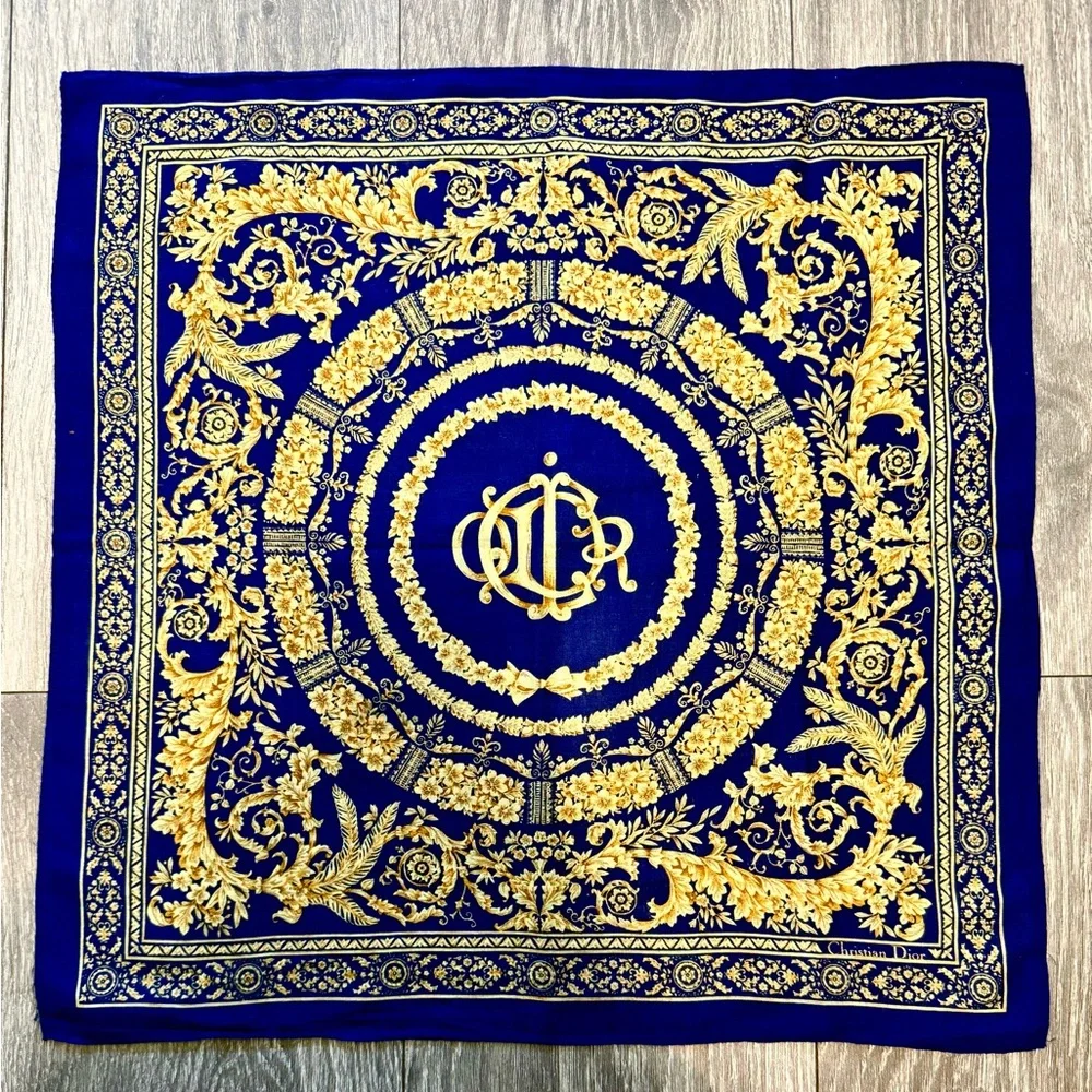 Dior Royal Blue and Gold Floral Scarf